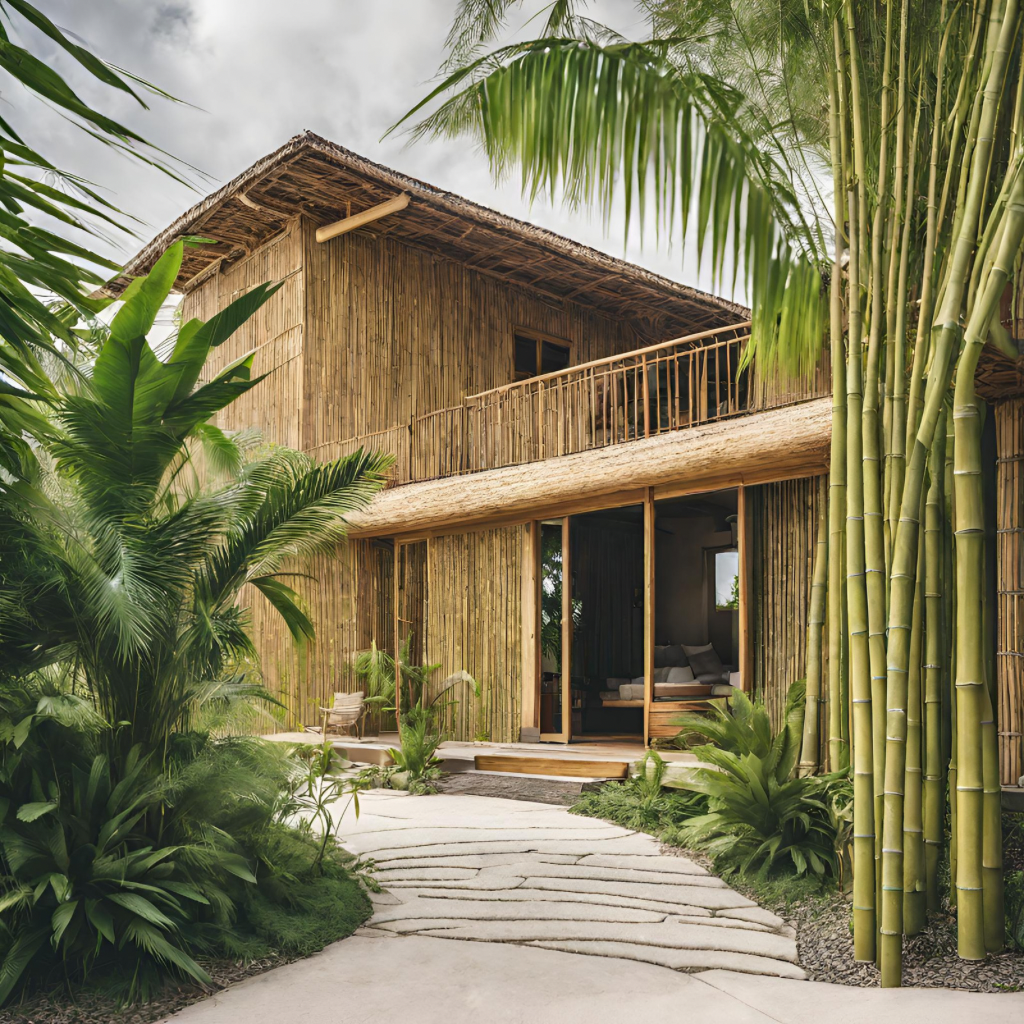 path between palms and tall bamboo lead to house made out of bamboo